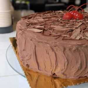 Chocolate cake with chocolate mousse and cherries