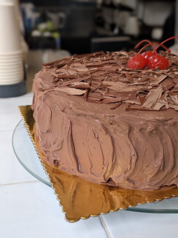 Chocolate cake with chocolate mousse and cherries